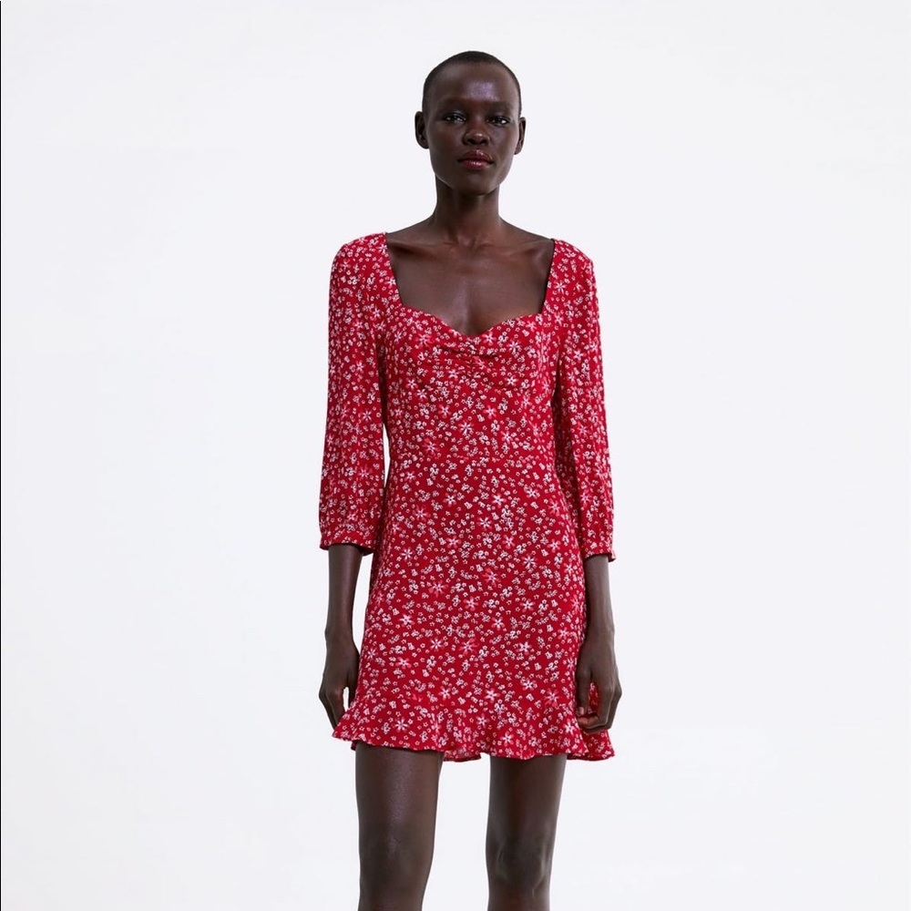 Zara Square Neck Red Floral Dress